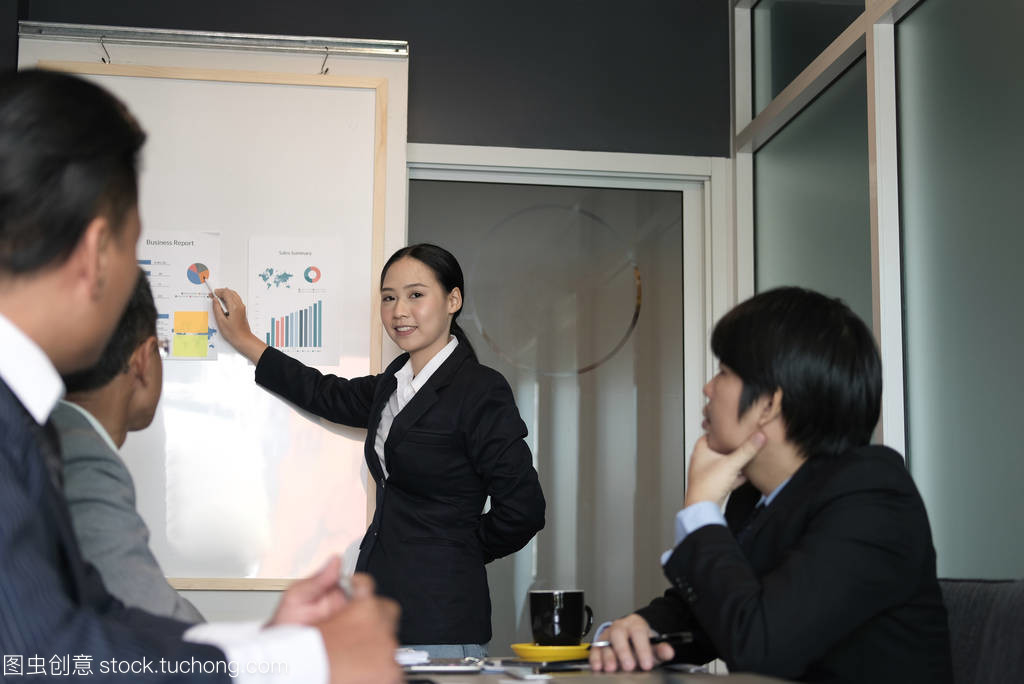 女實業家向合作團隊提出財務計劃報告。w
